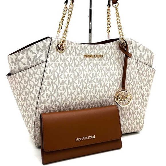 Michael Kors Large Jet Set Travel Chain Shoulder Bag & Trifold Wallet Vanilla - Picture 3 of 14